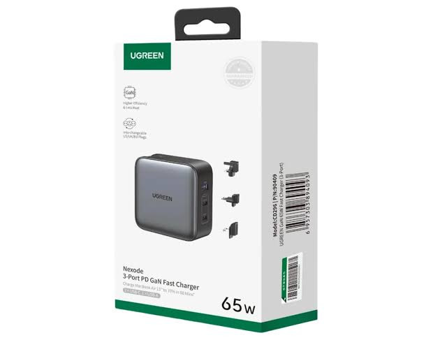 UGREEN 65W 3-Port GaN Fast Charger with Interchangeable UK/US/EU Plugs - CD296